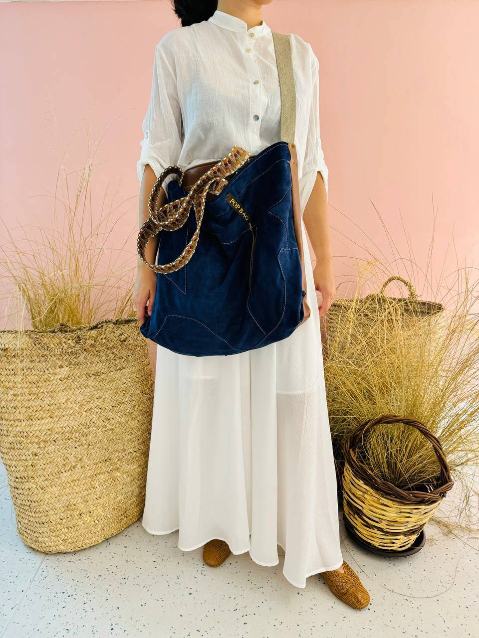 La Sellerie POP BAG suede dark blue PATCHWORK Promozione