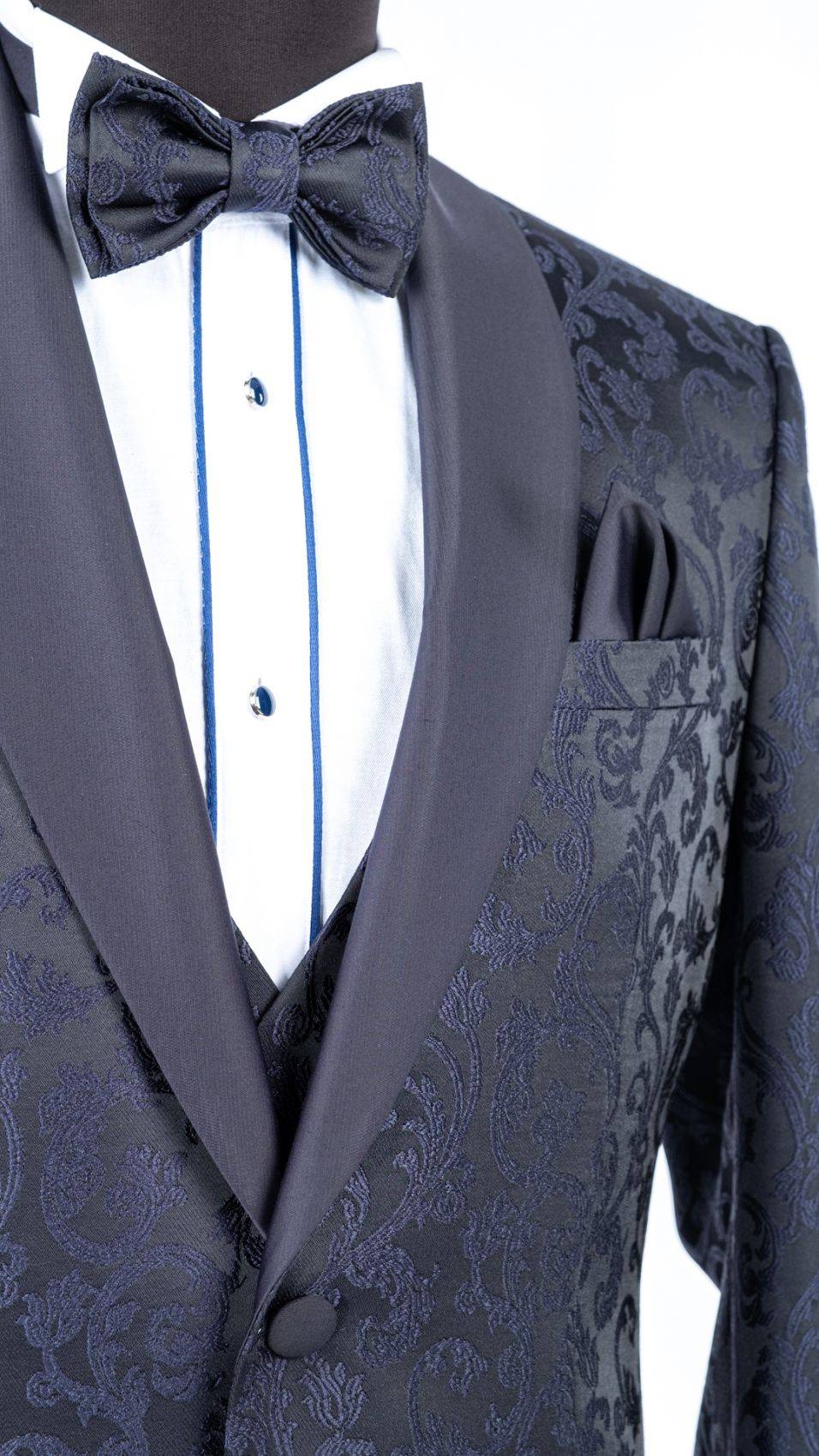 Baggi Smoking blu damascato da sposo con collo a scialle Qualità
