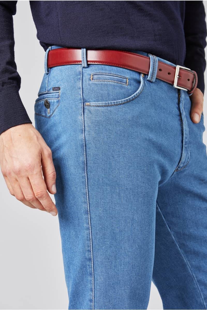 Meyer Cinque tasche in denim flex meyer blu medio stone modern fit Qualità Garantita