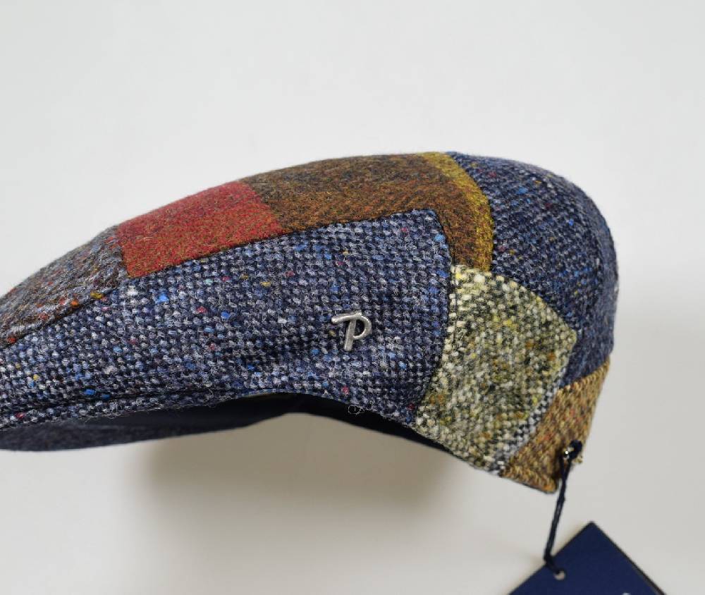 Panizza Berretto panizza blu a patchwork in lana donegal tweed Vendita Economica