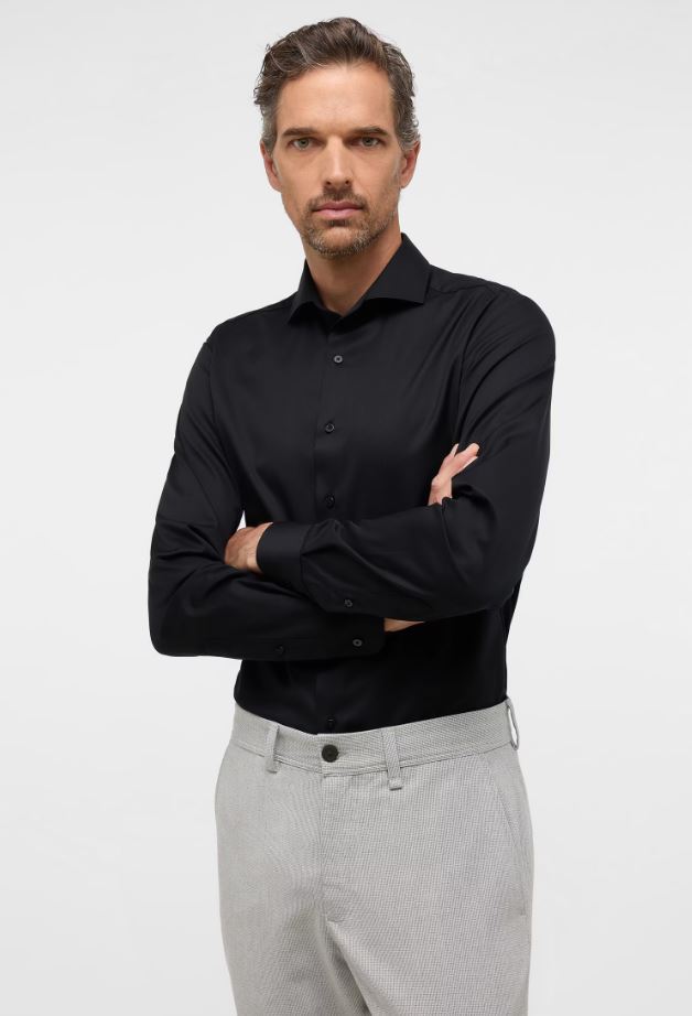 Eterna Camicia nera eterna slim fit collo francese cotone cover Italia