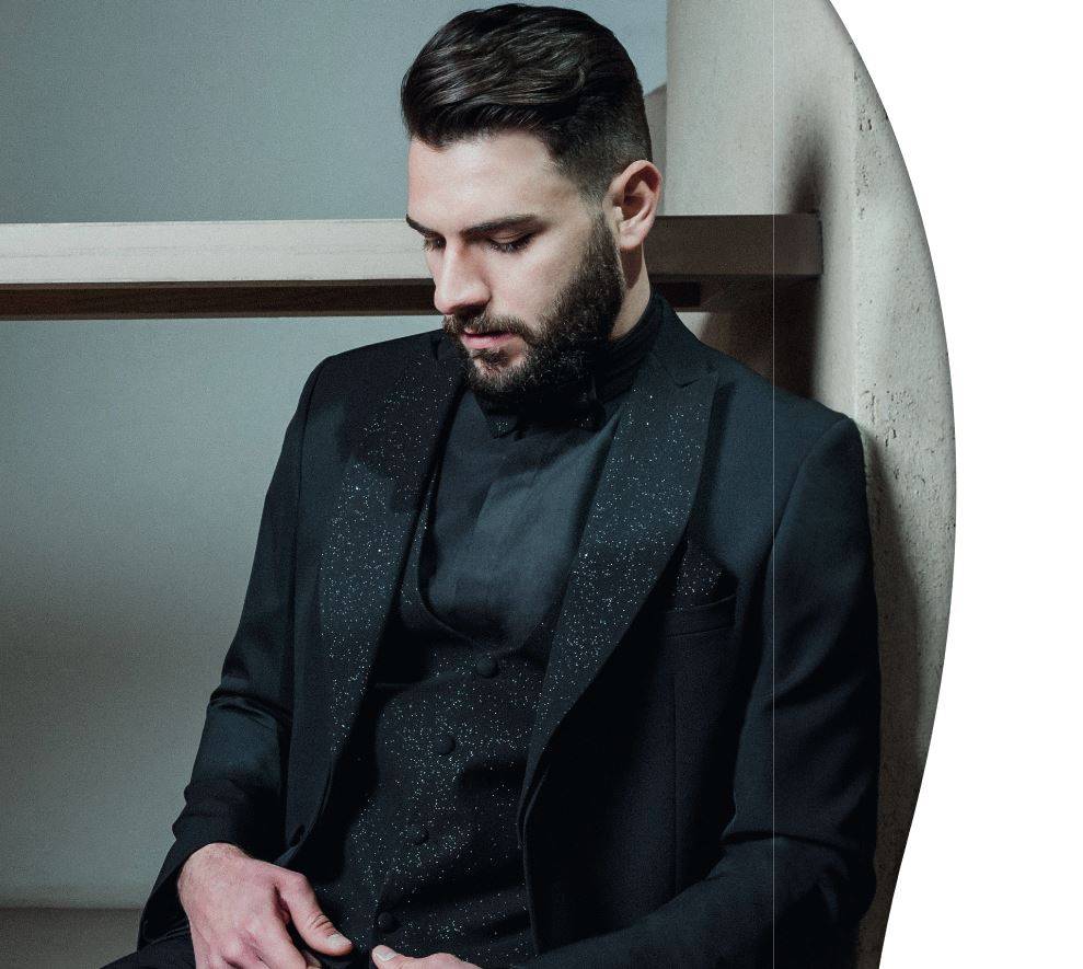 Musani Milano Cerimonia Smoking nero slim fit musani con petto a lancia brillantinato Sottocosto