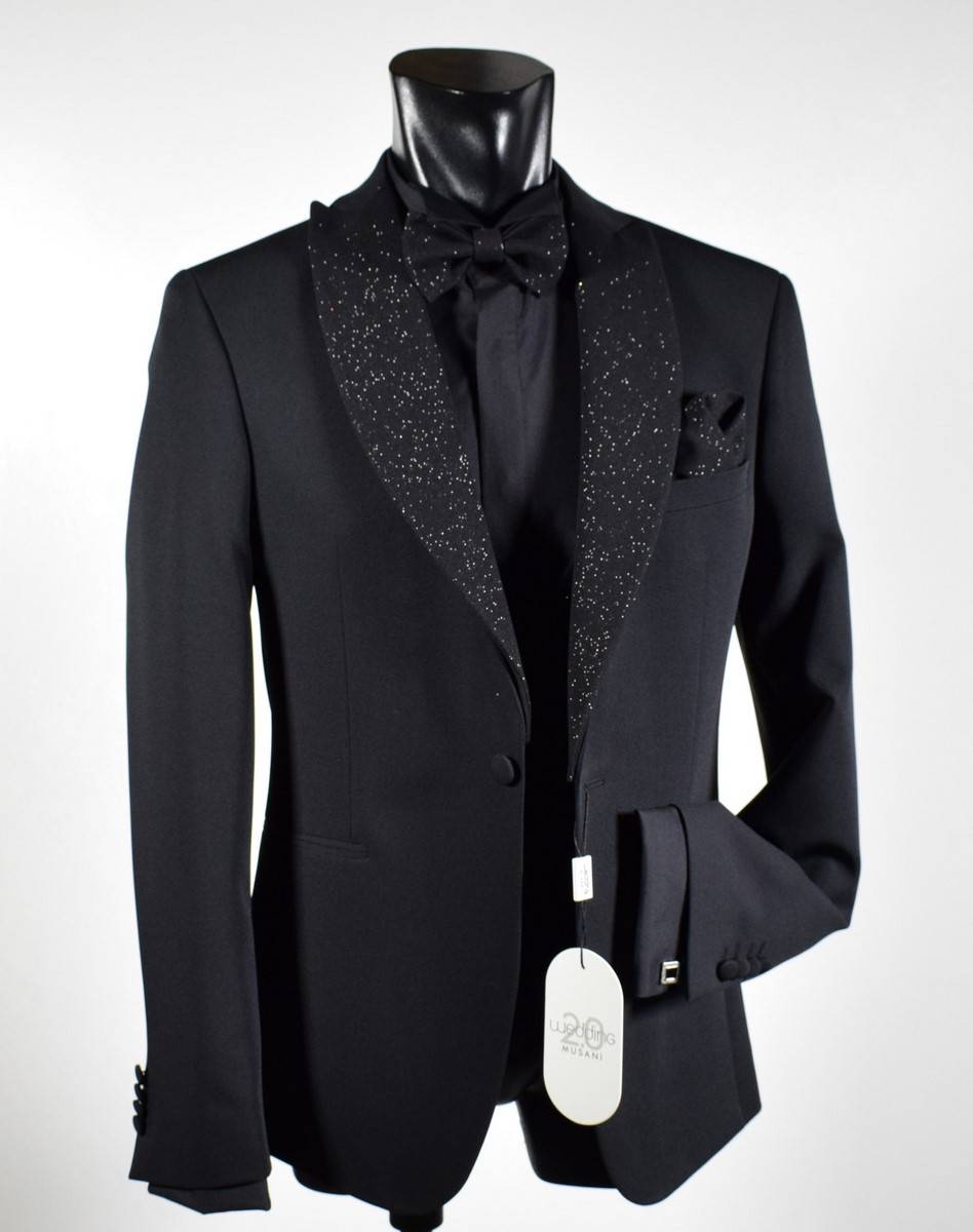 Musani Milano Cerimonia Smoking nero slim fit musani con petto a lancia brillantinato Sottocosto