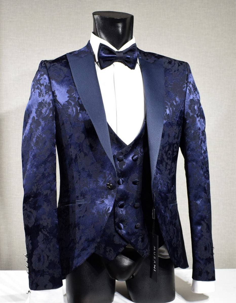 Musani Milano Cerimonia Abito blu damascato musani cerimonia sposo slim fit Economico