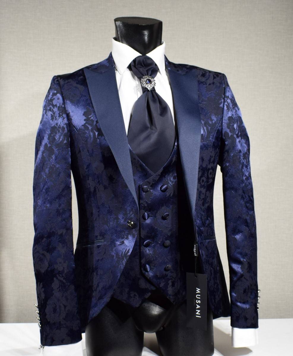 Musani Milano Cerimonia Abito blu damascato musani cerimonia sposo slim fit Economico