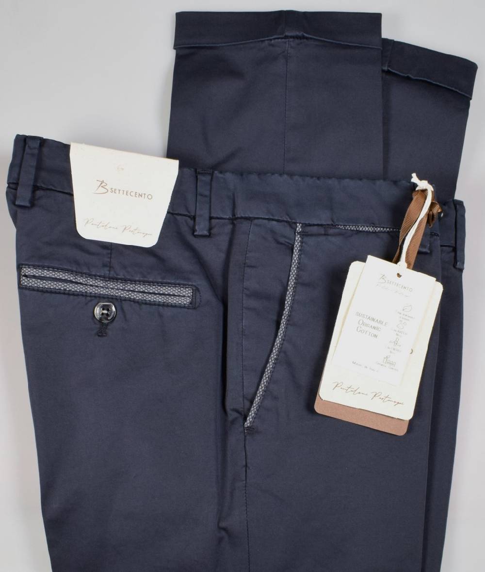 B Settecento Pantalone blu scuro b700 in cotone raso stretch slim fit Sottocosto