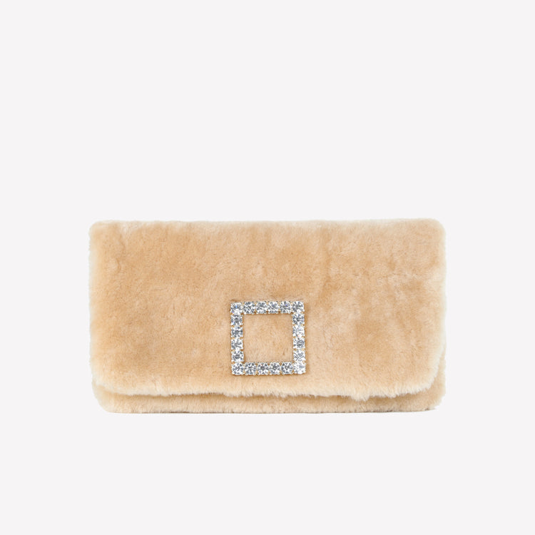 Roberto Festa BORSA CLUTCH IN MONTONE EFFETTO VISONE MIELE CON FIBBIA QUADRA COLOR GOLD CON CRISTALLI CAPRILUX Novità