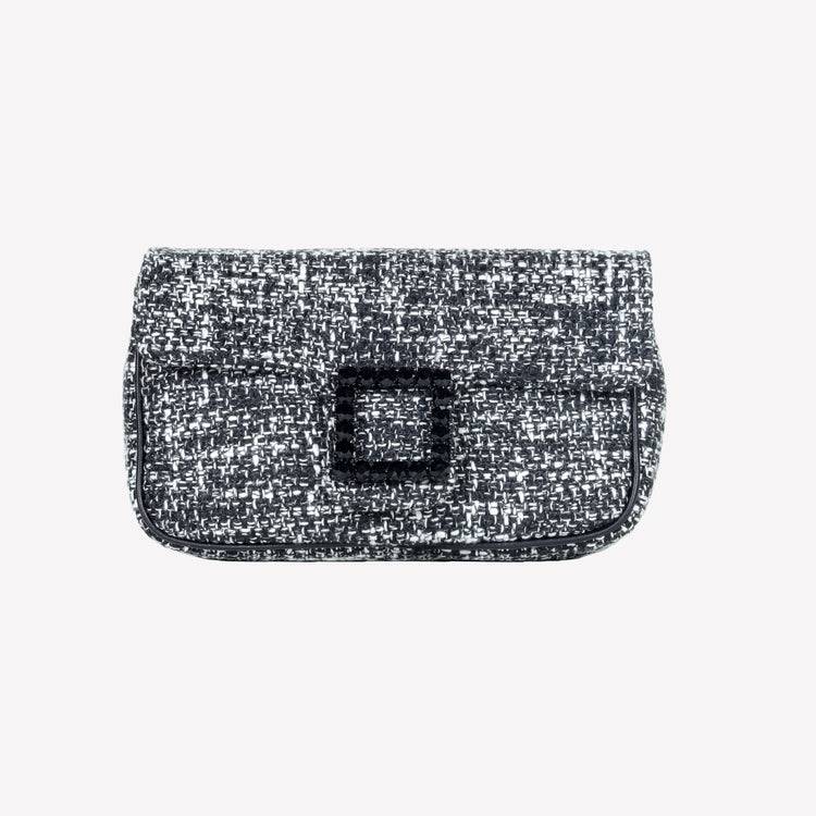 Roberto Festa BORSA A SPALLA IN TESSUTO CHICCO DI RISO BIANCO NERO CON ACCESSORIO FIBBIA QUADRA CON CRISTALLI LUNETTE Sconto