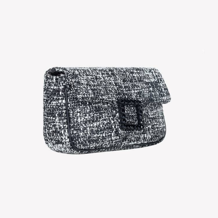 Roberto Festa BORSA A SPALLA IN TESSUTO CHICCO DI RISO BIANCO NERO CON ACCESSORIO FIBBIA QUADRA CON CRISTALLI LUNETTE Sconto