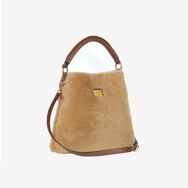 Roberto Festa BORSA A SPALLA IN MONTONE COLOR TEDDY CON MANICO IN PELLE CUOIO PANDA Saldi