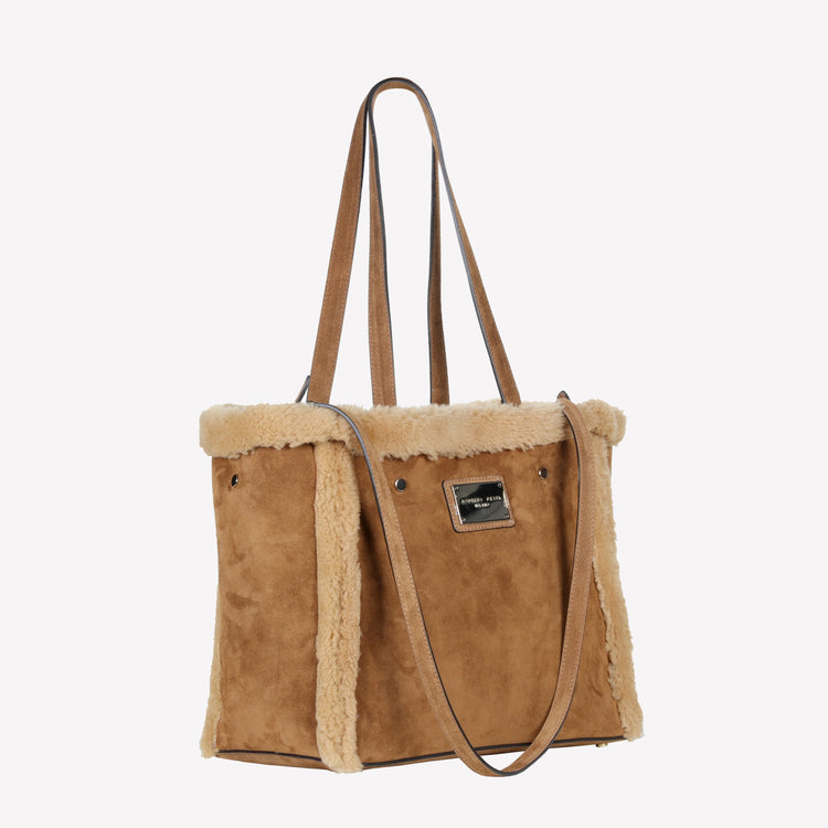 Roberto Festa BORSA SHOPPING IN CAMOSCIO LIGHT BRUCIATO CON RIPORTI IN MONTONE MIELE RAISSA Vendita Calda