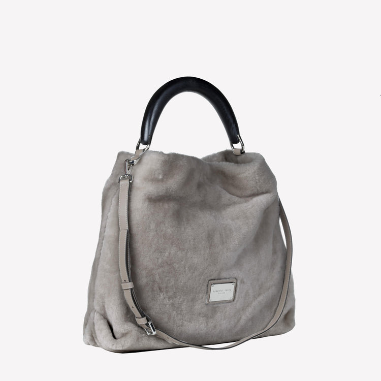 Roberto Festa BORSA A SPALLA IN MONTONE EFFETTO VISONE COLOR NUTRIA CON MANICO IN LEGNO NERO BIANCA Vendita Economica