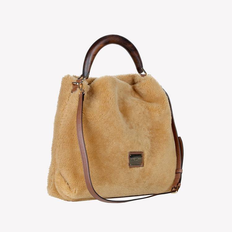 Roberto Festa BORSA A SPALLA IN MONTONE COLOR TEDDY CON MANICO IN LEGNO NOCE BIANCA Saldi Di Fabbrica