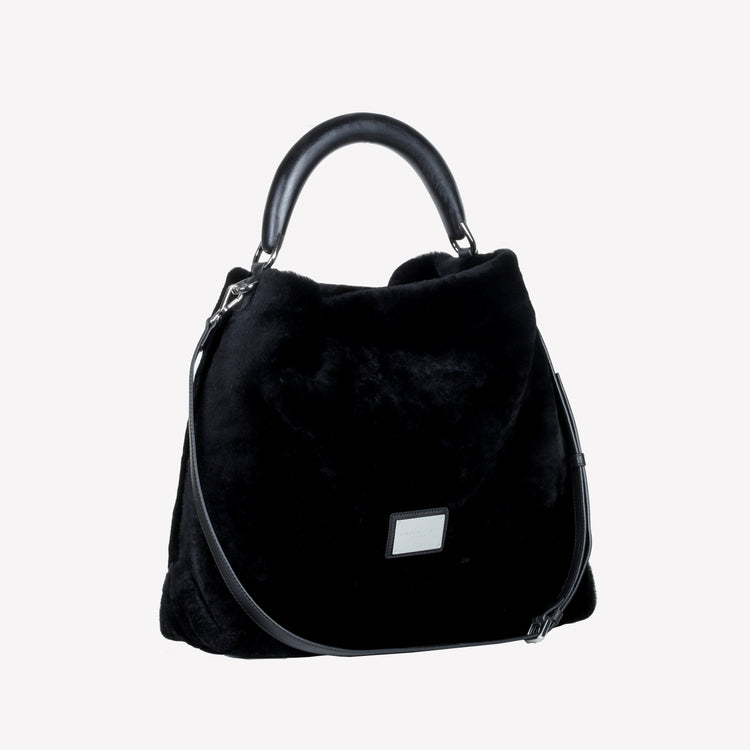 Roberto Festa BORSA A SPALLA IN MONTONE EFFETTO VISONE COLOR NERO CON MANICO IN LEGNO NERO BIANCA I Più Venduti