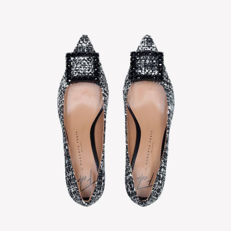 Roberto Festa DECOLLETE’ IN TESSUTO TWEED CON FIBBIA QUADRA CRISTALLI EVILLY Moda