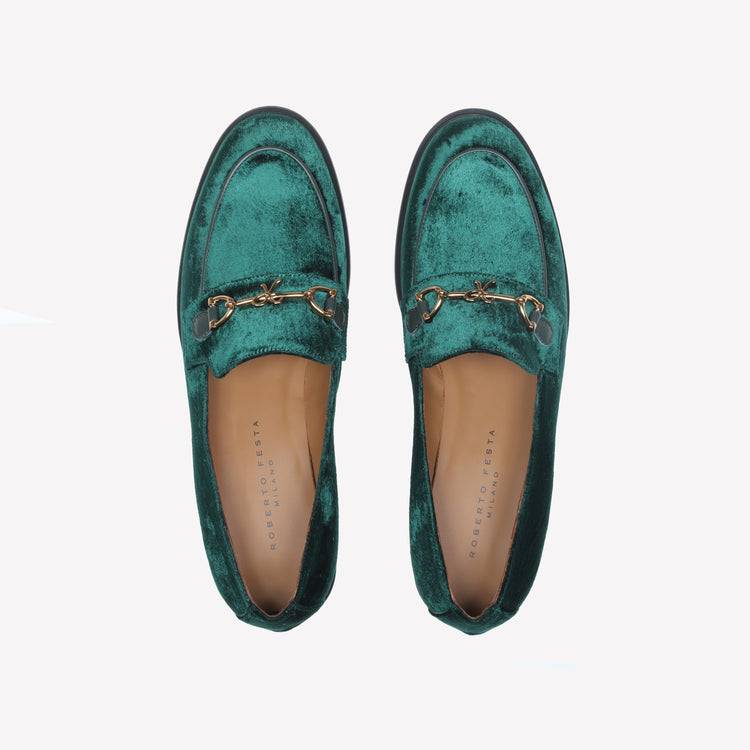 Roberto Festa MOCASSINO IN VELLUTO GREEN CON ACCESSORIO MORSETTO ORO AXEL Italia