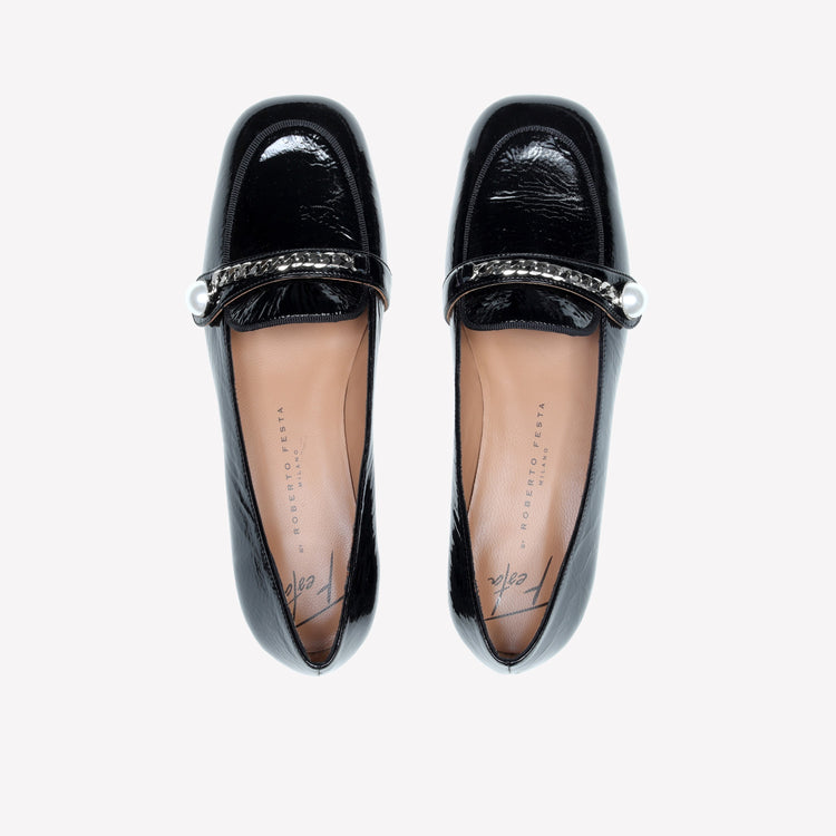 Roberto Festa MOCASSINO IN VERNICE NERA CON ACCESSORIO CATENA ARGENTO DODI Nuovo