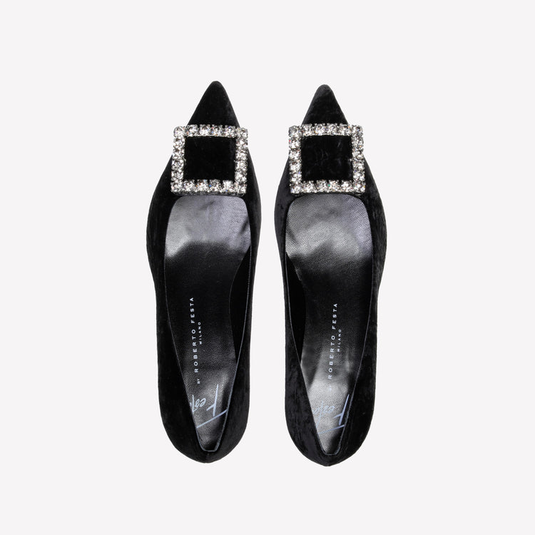 Roberto Festa DÉCOLLETÉ IN VELLUTO NERO CON ACCESSORIO STRASS EVILLY Vendita Calda