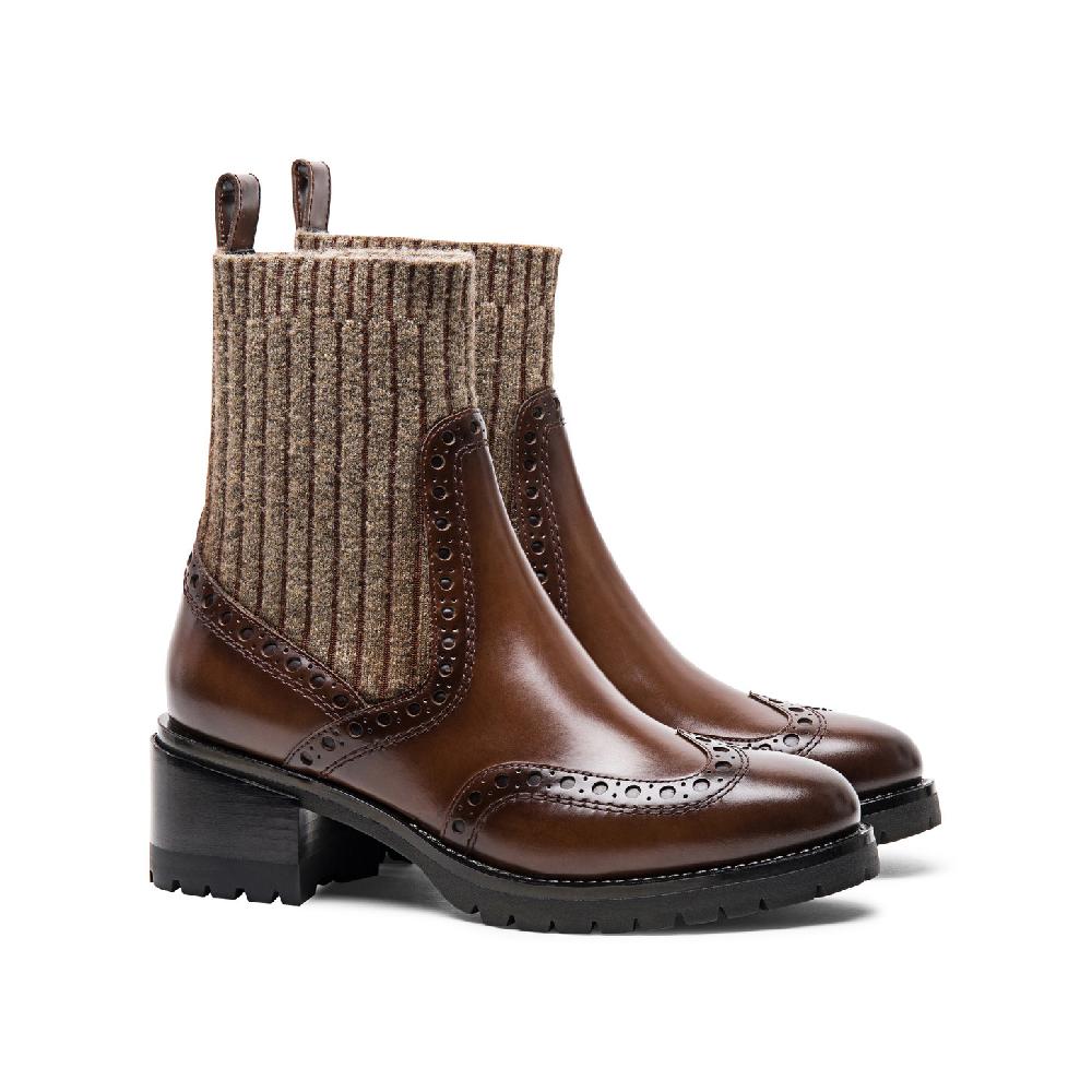 Santoni Stivaletto tacco basso brogue con calzino da donna in pelle marrone I Più Venduti