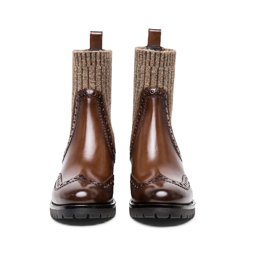 Santoni Stivaletto tacco basso brogue con calzino da donna in pelle marrone I Più Venduti