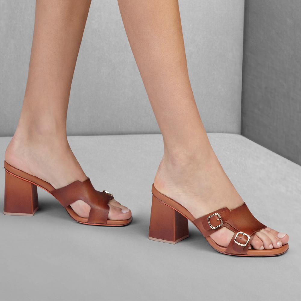 Santoni Sandalo doppia fibbia tacco medio da donna in pelle marrone 2025