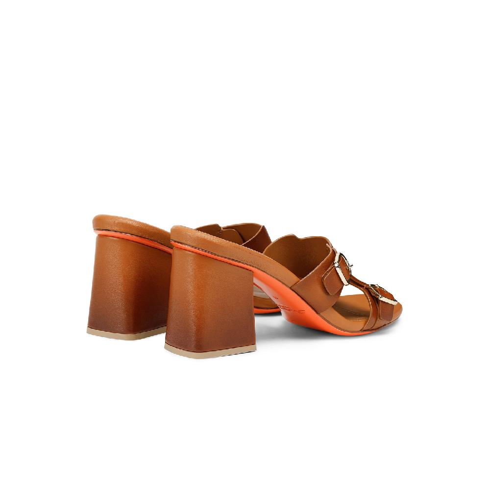 Santoni Sandalo doppia fibbia tacco medio da donna in pelle marrone 2025