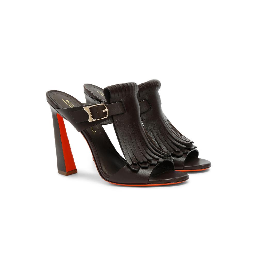 Santoni Sandalo Dua tacco alto con frangia da donna in pelle marrone Spedizione Gratuita