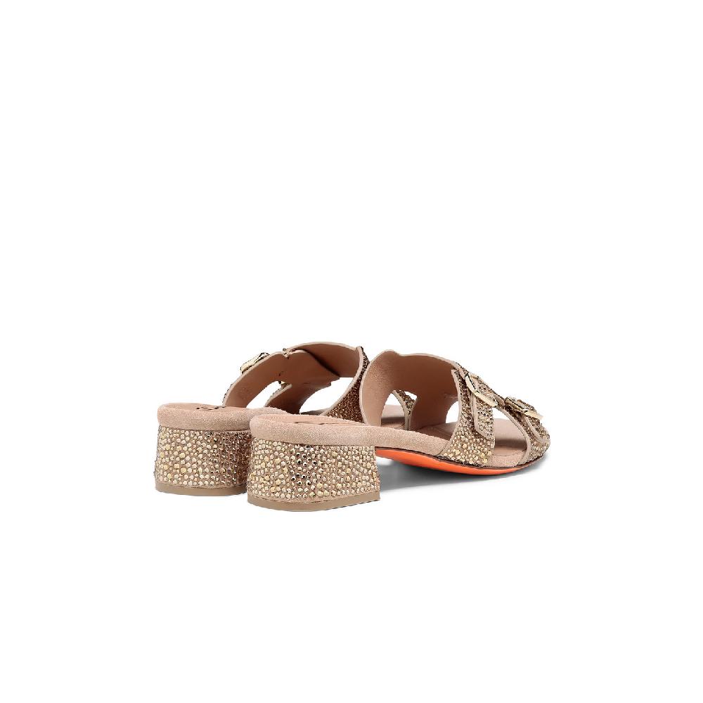 Santoni Sandalo Didi tacco basso da donna in suede e strass oro Sconti VIP