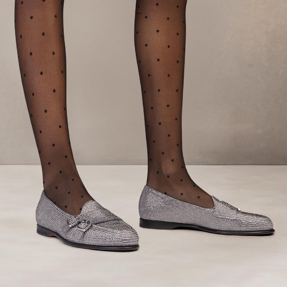 Santoni Mocassino Andrea doppia fibbia da donna in strass argento Promozione temporanea