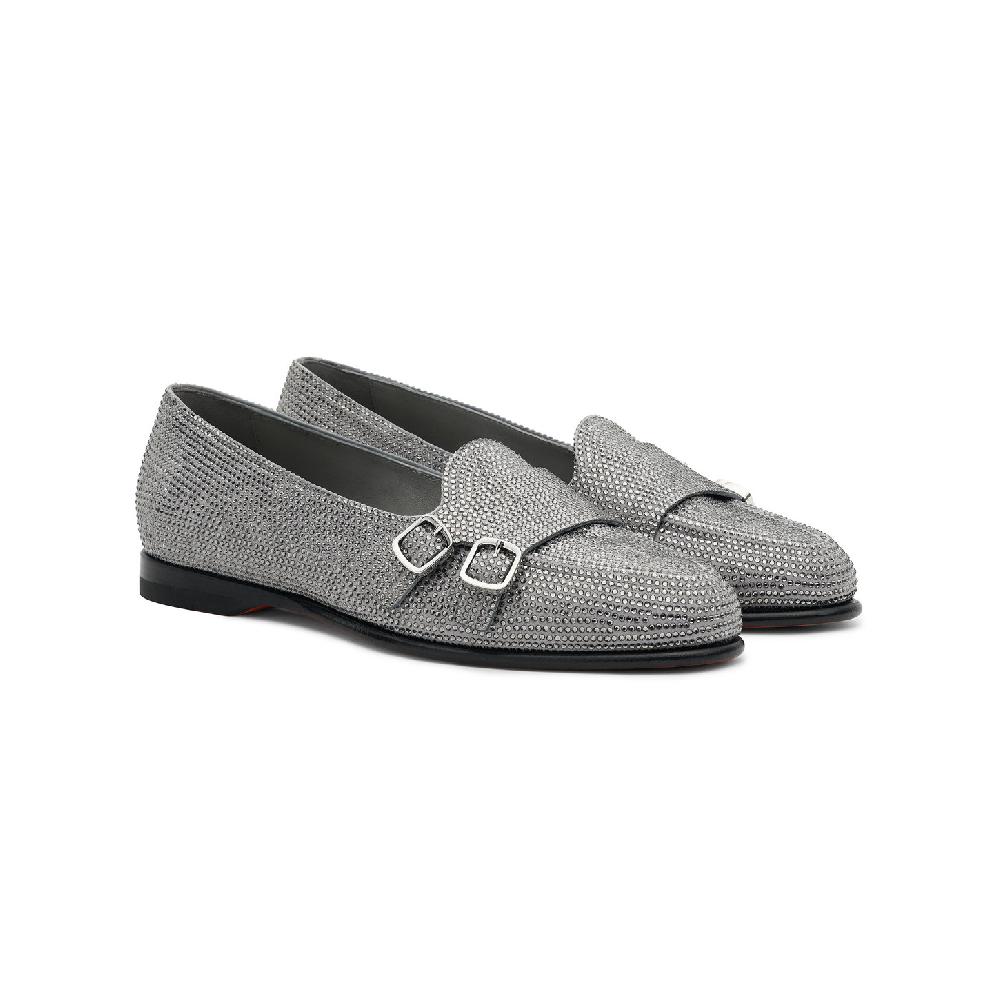 Santoni Mocassino Andrea doppia fibbia da donna in strass argento Promozione temporanea