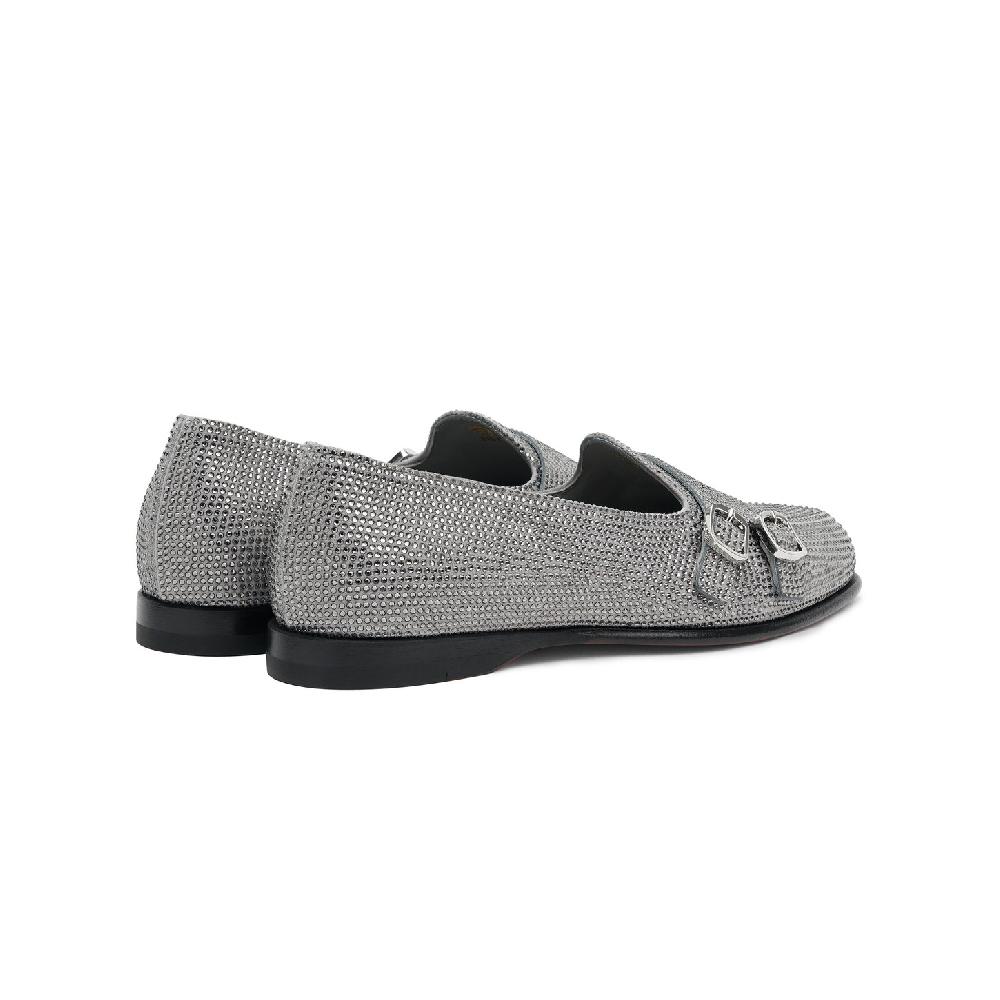 Santoni Mocassino Andrea doppia fibbia da donna in strass argento Promozione temporanea