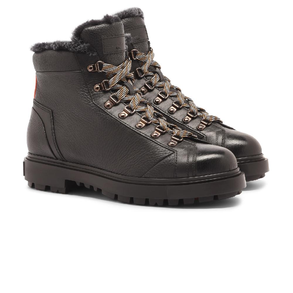 Santoni Scarponcino da montagna da uomo in pelle bottalata nera con pelliccia Sottocosto