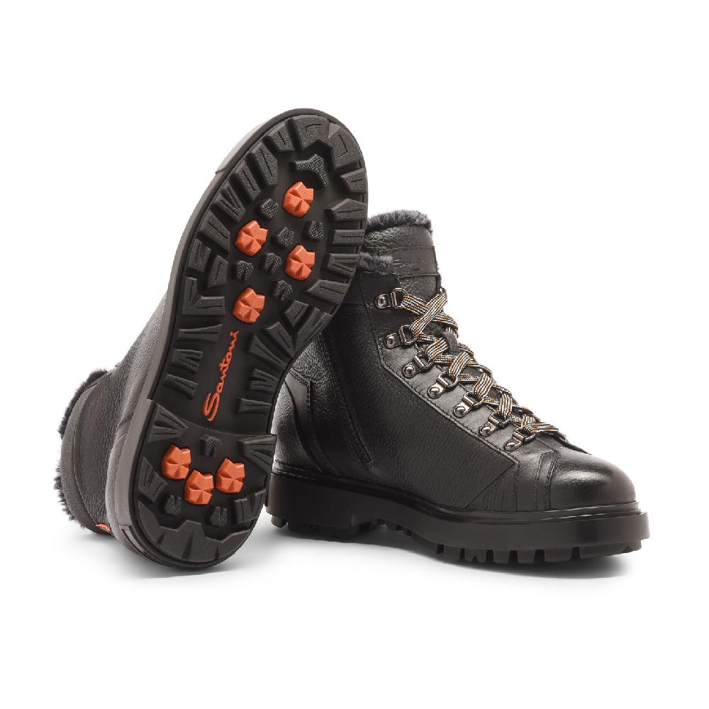 Santoni Scarponcino da montagna da uomo in pelle bottalata nera con pelliccia Sottocosto