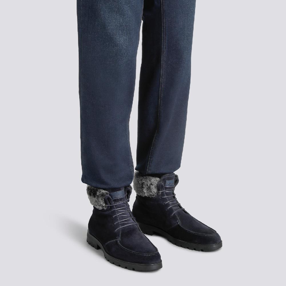 Santoni Stivaletto stringato con pelliccia da uomo in suede blu Novità