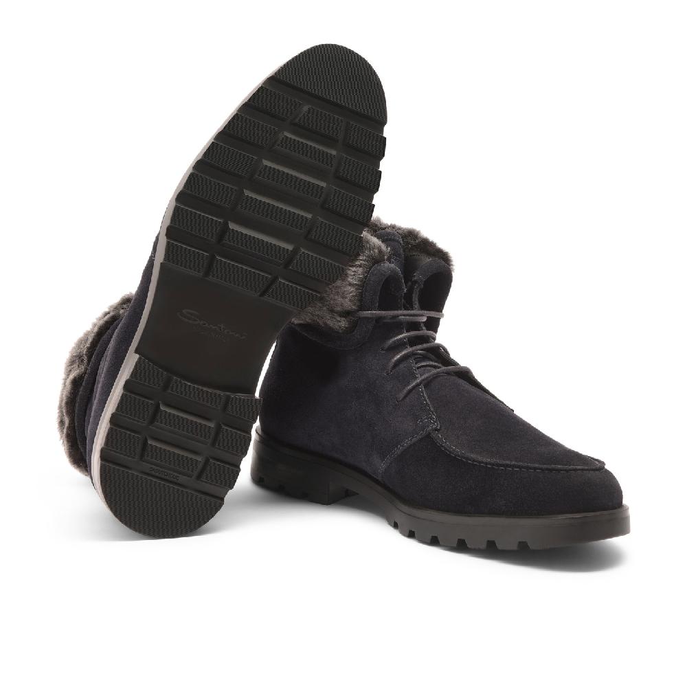 Santoni Stivaletto stringato con pelliccia da uomo in suede blu Novità