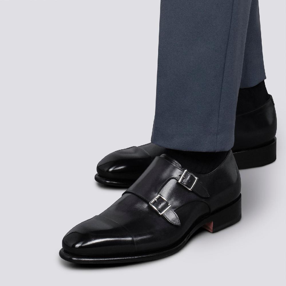 Santoni Doppia fibbia da uomo in pelle anticata blu Qualità