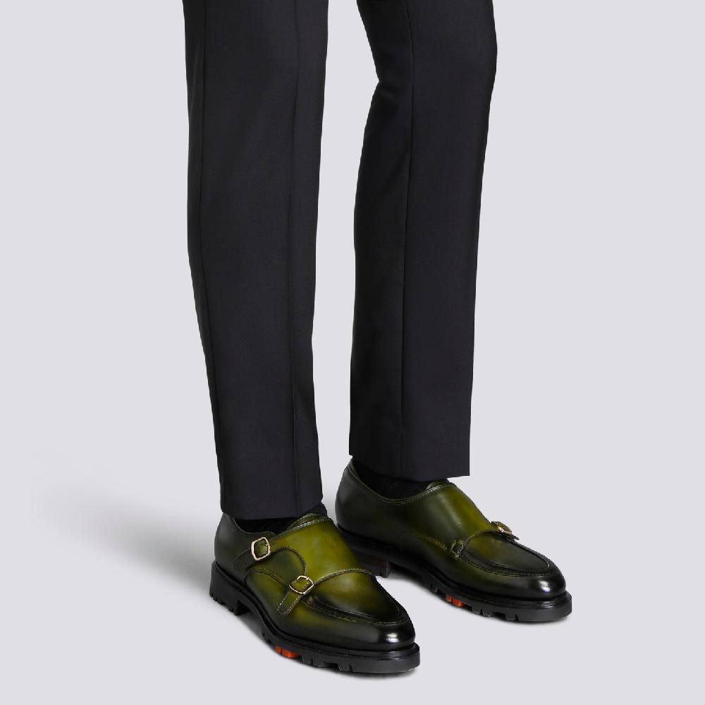 Santoni Doppia fibbia da uomo in pelle verde In Vendita