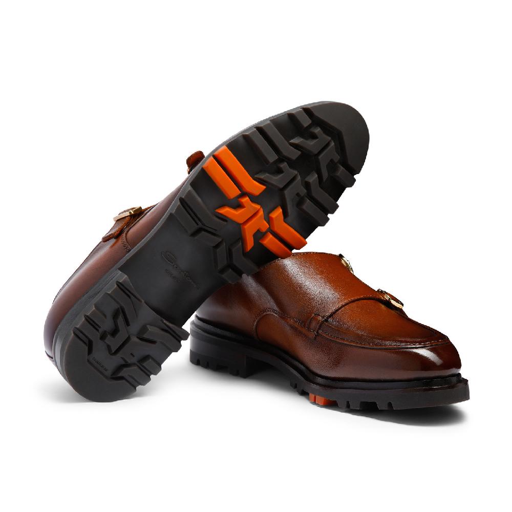 Santoni Doppia fibbia da uomo in pelle marrone Saldi
