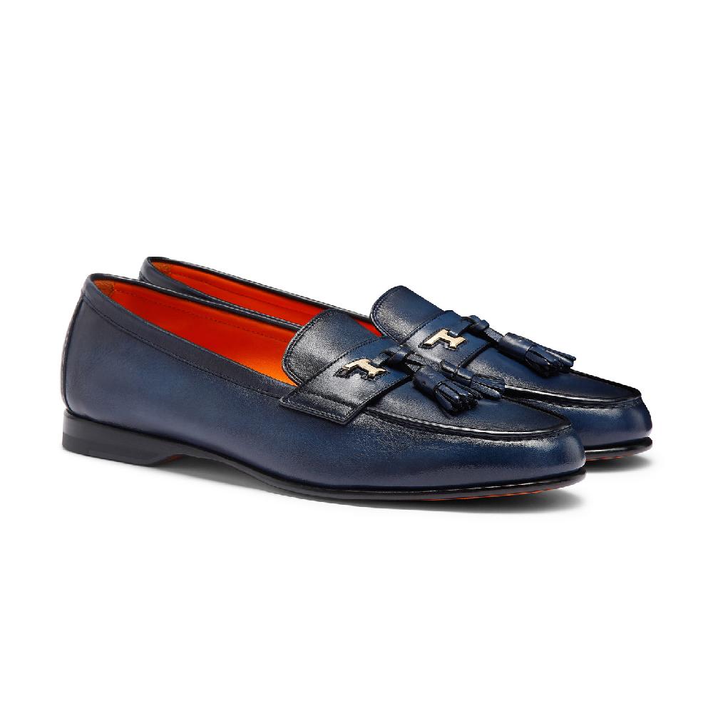 Santoni Mocassino Andrea con nappe da uomo in pelle blu Italia