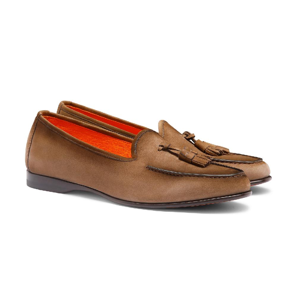 Santoni Mocassino Andrea con nappe da uomo in nabuk marrone Nuovo