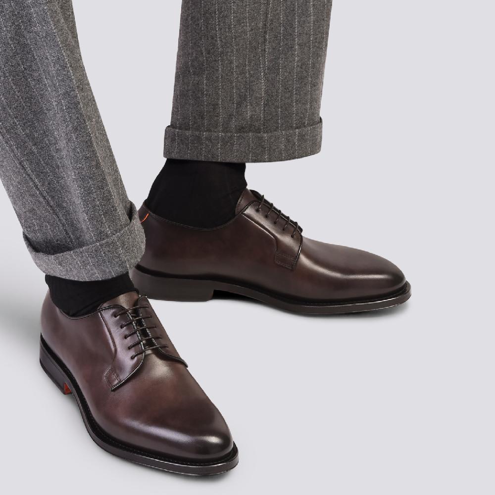 Santoni Stringata derby da uomo in pelle anticata marrone Spedizione Gratuita