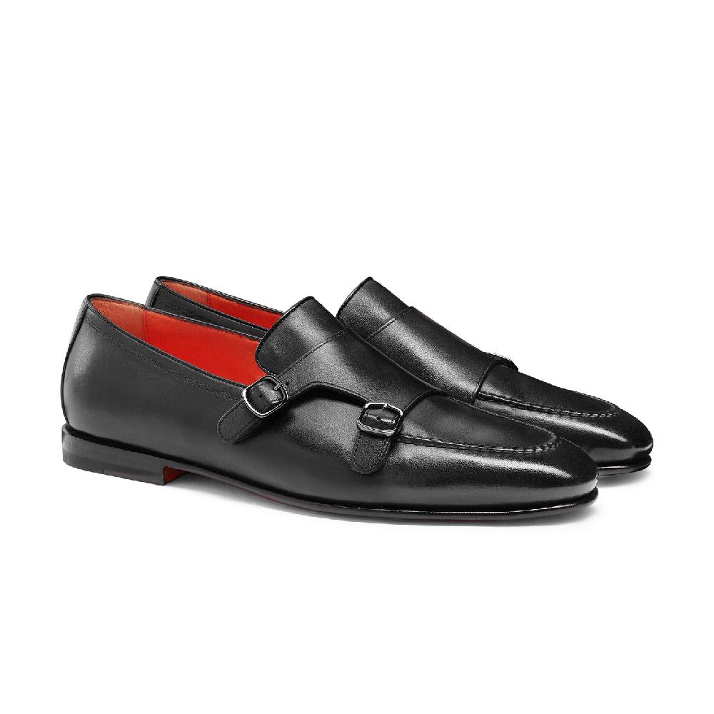 Santoni Mocassino con doppia fibbia da uomo in pelle anticata nera Qualità Garantita
