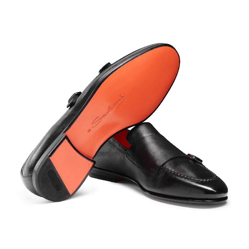 Santoni Mocassino con doppia fibbia da uomo in pelle anticata nera Qualità Garantita