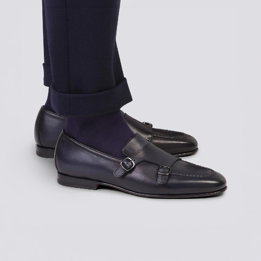 Santoni Mocassino con doppia fibbia da uomo in pelle anticata blu Negozi Online