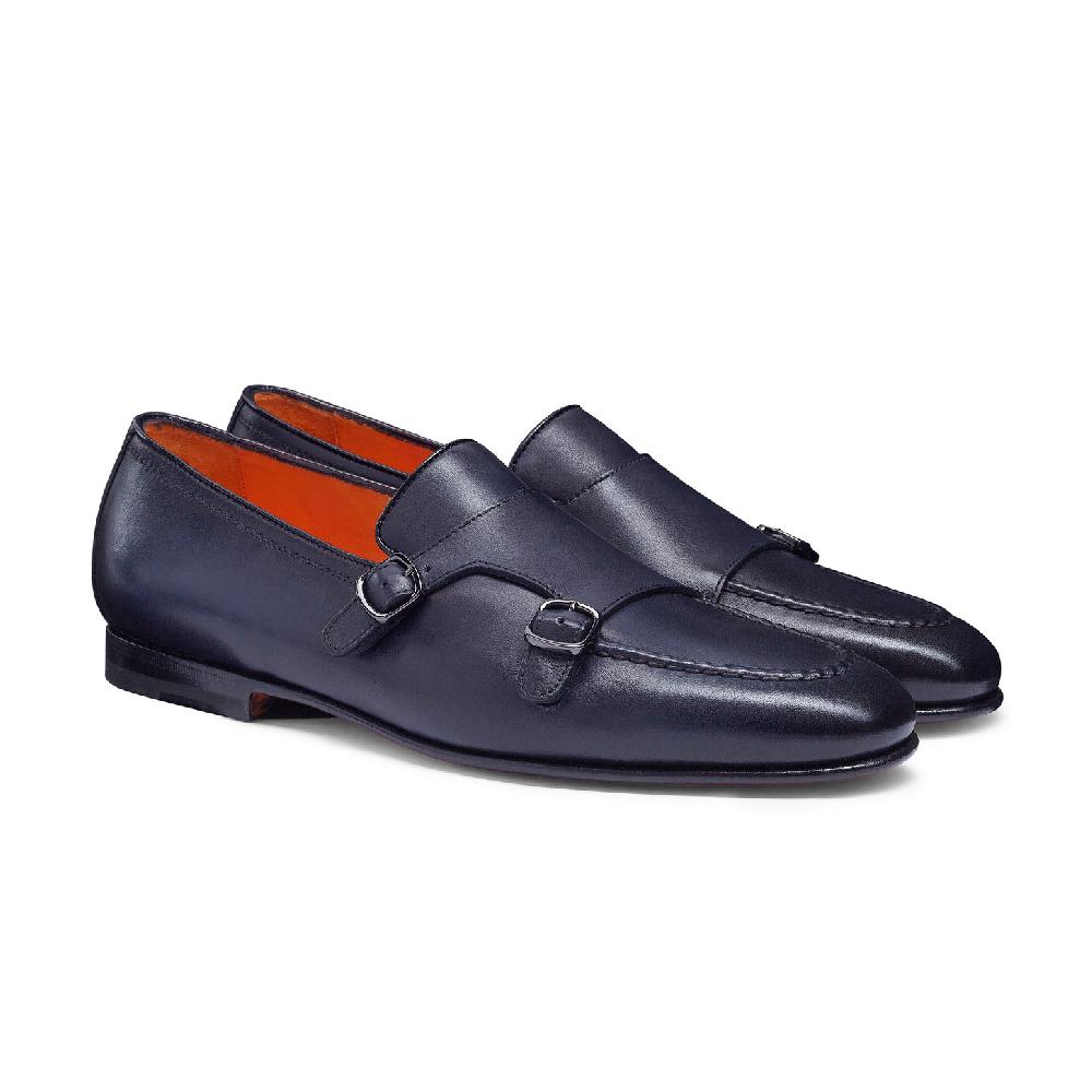 Santoni Mocassino con doppia fibbia da uomo in pelle anticata blu Negozi Online