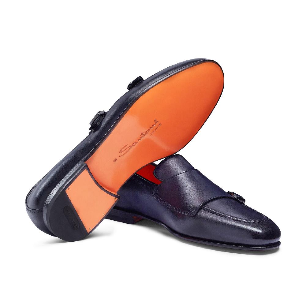 Santoni Mocassino con doppia fibbia da uomo in pelle anticata blu Negozi Online
