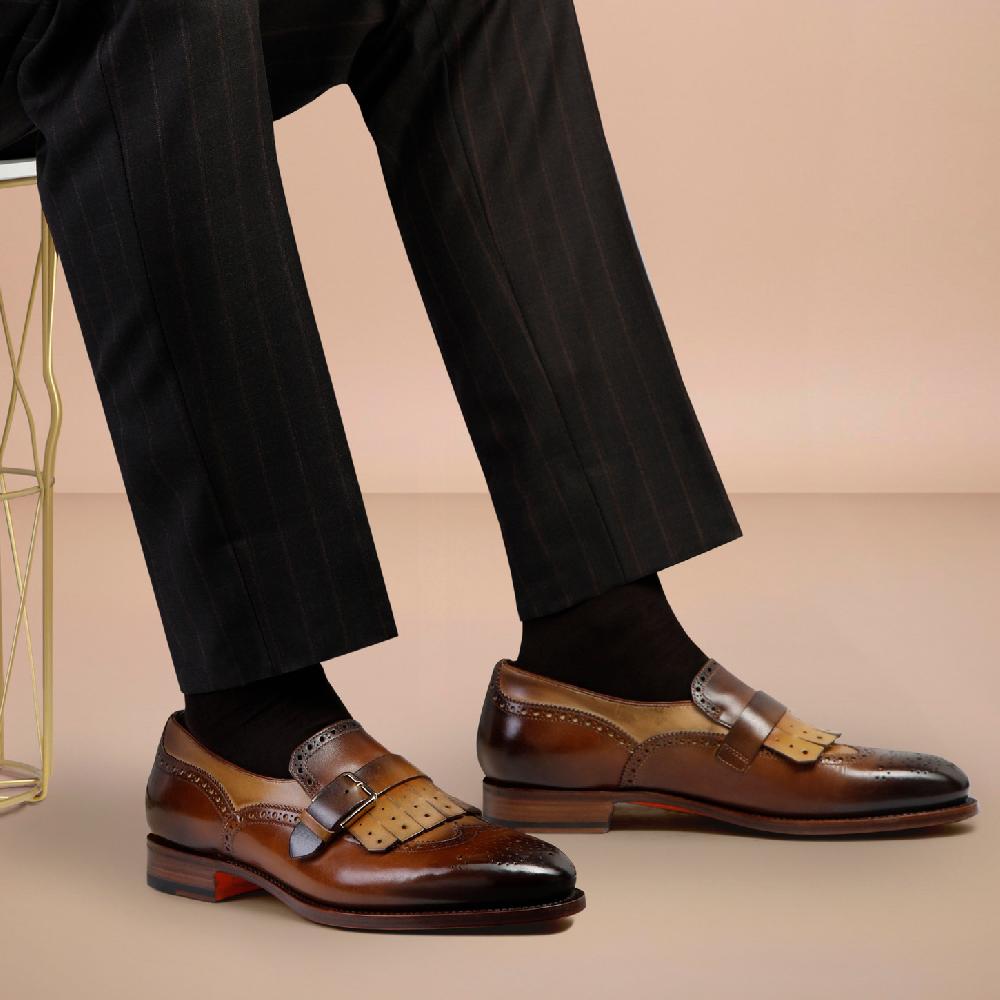 Santoni Mocassino mono fibbia con frangia da uomo in pelle marrone Presa