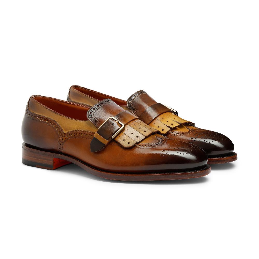 Santoni Mocassino mono fibbia con frangia da uomo in pelle marrone Presa