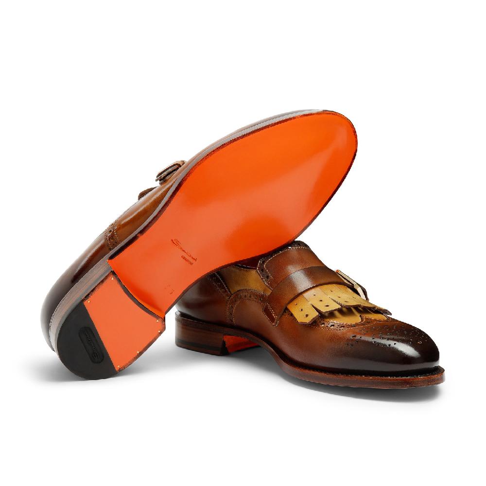 Santoni Mocassino mono fibbia con frangia da uomo in pelle marrone Presa