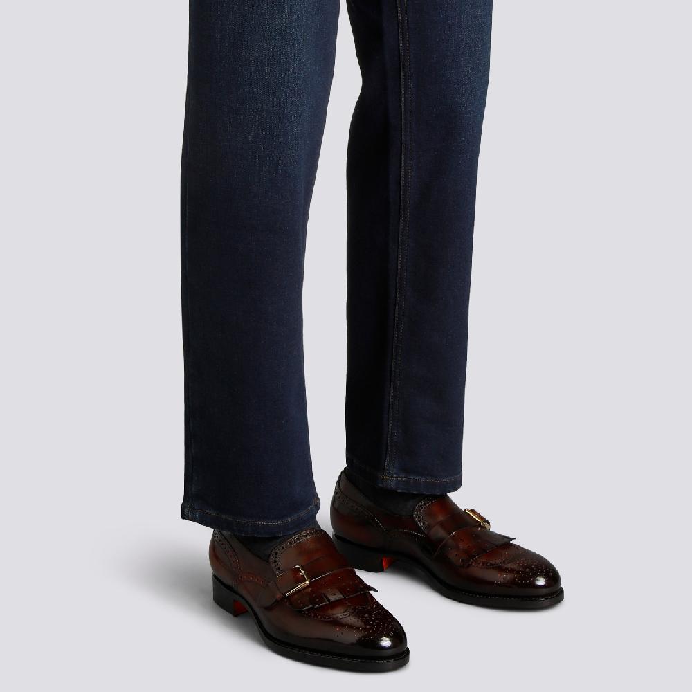 Santoni Mocassino mono-fibbia con frangia da uomo in pelle bordeaux Offerta speciale